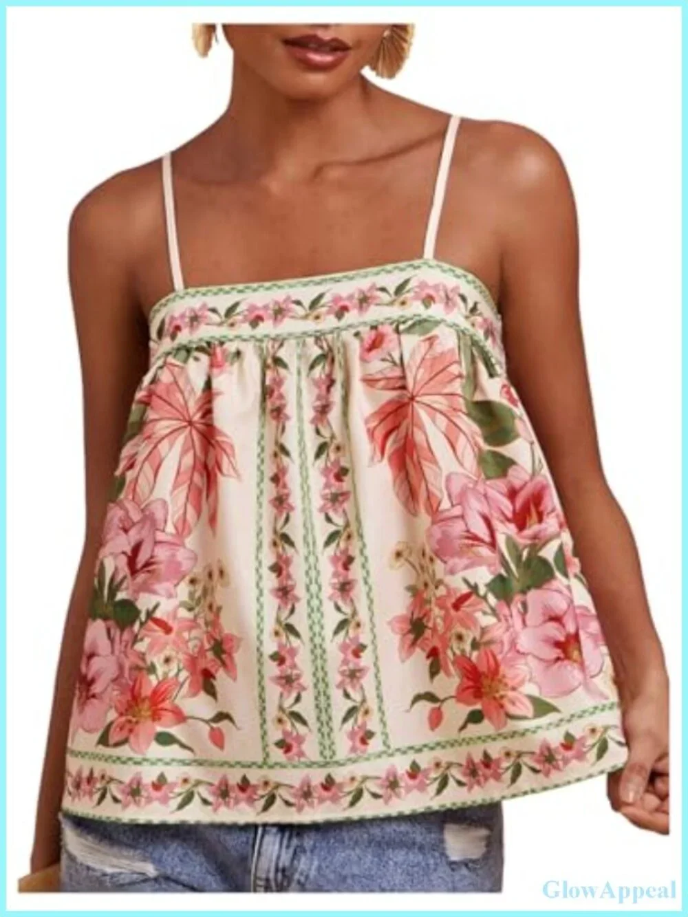 Women's Boho Floral Cami Top Spaghetti Strap Sleeveless Vacation Summer Camisole